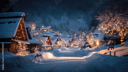 Serene Winter Village at Night with Snow-Covered Houses and Twinkling Lights Creating a Magical Holiday Atmosphere in a Picturesque Mountain Landscape
