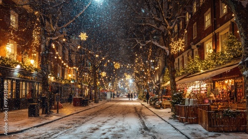 Enchanted Winter Street Scene with Twinkling Lights and Gentle Snowfall Creating a Magical Atmosphere in a Festive Urban Setting During the Holiday Season