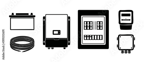 Solar Energy Equipment Icons Set, Renewable Power System Components including Battery, Inverter, Circuit Breaker Panel, Electric Meter, Junction Box, and Wiring Cable, Flat Vector Black Silhouette Des