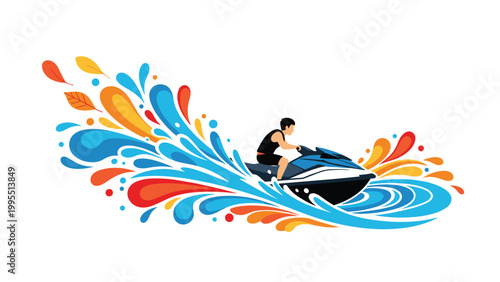 Dynamic illustration shows a person riding a fast jet ski through vibrant blue and orange water splashes and leaves for summer fun.