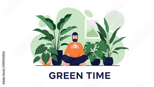 Relaxed man with a beard sits among lush potted plants drinking coffee and enjoying some green time in a peaceful indoor garden setting.