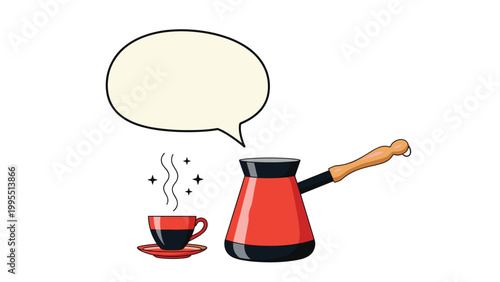 Traditional red and black Turkish coffee pot sits next to a steaming cup and a blank speech bubble for custom messages in a kitchen scene.
