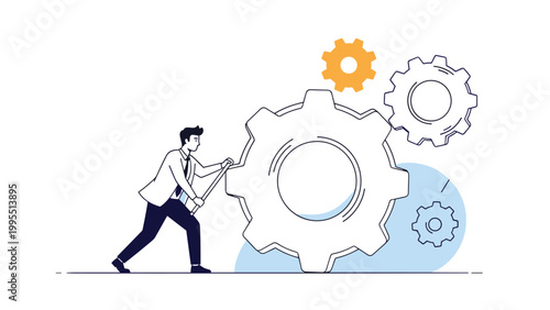 Businessman in a suit uses a lever to move a large gear as part of a system of machinery to illustrate hard work and mechanical effort.