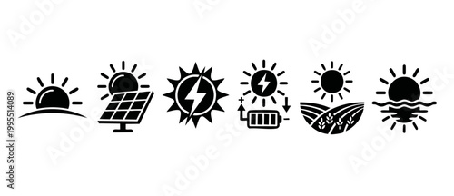 Solar Energy Icons Set, Renewable Power Symbols for Sustainability, Clean Electricity Icons for Eco Projects, Sun and Panel Pictograms for Green Technology Infrastructure and Sustainable Development P