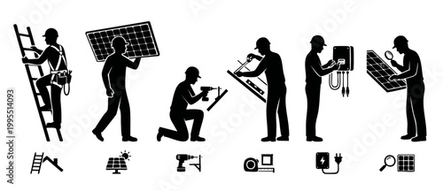 Solar Panel Installation Professional Silhouettes, Renewable Energy Worker Process, Green Technology Maintenance Construction Set, Engineering System Operation, Sustainable Power Concept, Industrial J