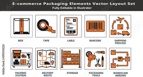 Packaging system vector icons set, top view logistics symbols, box, tape, label, barcode, packing station, delivery route, workflow CAD design
