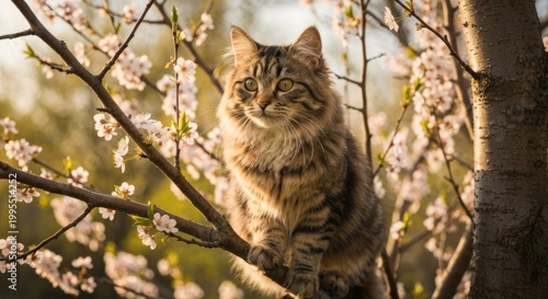 Cat rests on flowering tree branch, basking in sunlight
