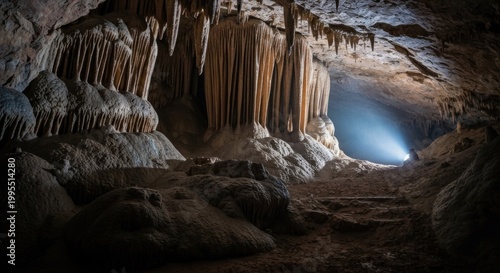 Cave interior, spotlight illuminates formations