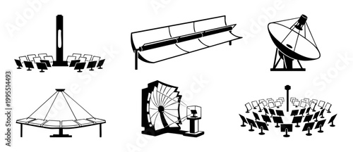 Solar Power Plant Technology Icons Set, Renewable Energy Collection, Concentrated Solar Thermal Systems, Photovoltaic Infrastructure Schematics, Sustainable Electricity Generation Concept, Black Isola