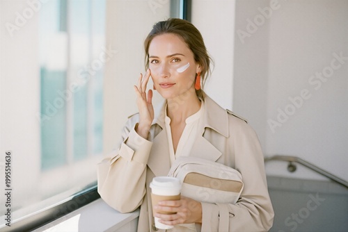Woman applying sunscreen while commuting with coffee in a bright city setting