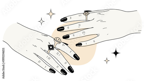 Close up of two hands with black fingernails wearing various decorative rings against a simple abstract circular background.
