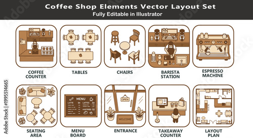 Cafe layout vector icons set, top view coffee shop plan symbols, counter, tables, barista station, espresso machine, seating CAD design