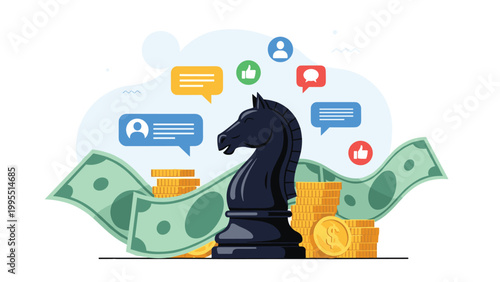 Black chess knight standing on a pile of gold coins and dollar bills with social media icons floating in the background for strategy.