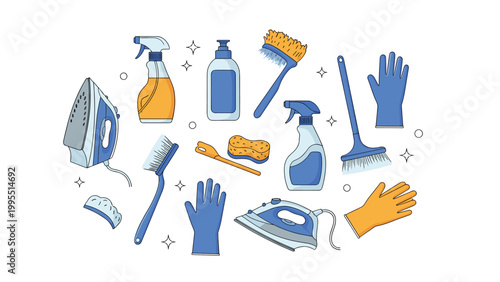 Large collection of various household cleaning supplies including an iron spray bottles brushes gloves and sponges on a white background.