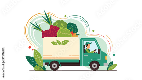 Green delivery truck driven by a smiling man and loaded with fresh giant vegetables like onions and cabbage for organic food supply.