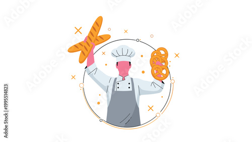 Professional baker in a white uniform and hat holding large baguettes and pretzels with decorative stars and circles around him.