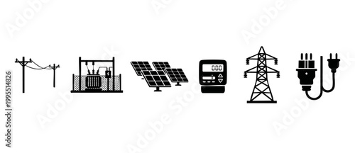 Energy and Electricity Icons Set, Power Generation and Distribution Symbols Featuring Solar Panels, Power Lines, Electric Meter, Transformer Substation, and Plug Connections for Sustainable Utility Co