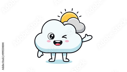 Adorable cartoon cloud character winking and waving a hand with a bright yellow sun peaking out from behind on a white background.