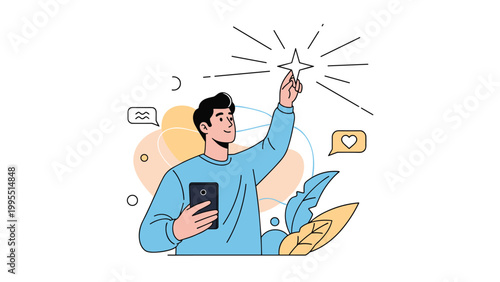 Man holding a smartphone and reaching up to touch a shining bright star while social media icons float in the background.
