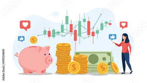 Young woman standing near a large piggy bank and stacks of coins with a professional stock market candlestick chart in the background.