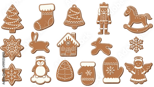 Large set of various Christmas gingerbread cookies including a tree bell house angel penguin and nutcracker on a white background.