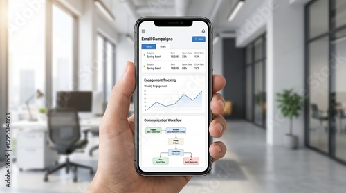 Hand Holding Smartphone Showing Business Dashboard In Modern Office.