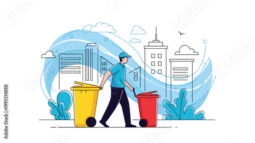 Sanitation worker in a blue uniform pulling a yellow and a red garbage bin with a stylized city skyline in the background.