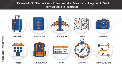 Travel vector icons set, top view journey symbols, suitcase, passport, airplane, map, camera, hotel, ticket, route, tourism CAD design
