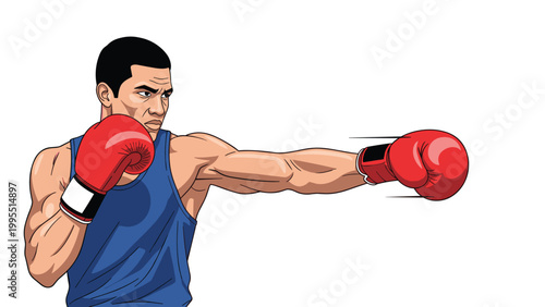Athletic male boxer wearing a blue tank top and red gloves throwing a powerful straight punch against a plain white background.