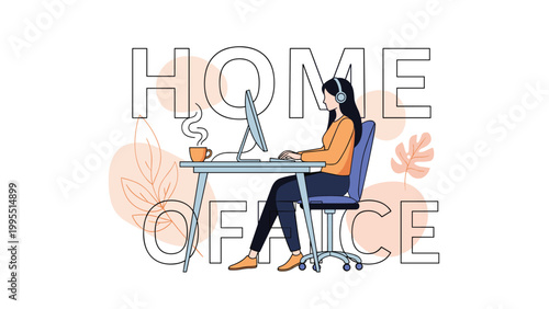 Young woman with headphones working on a computer at her desk with the large text home office in the background.