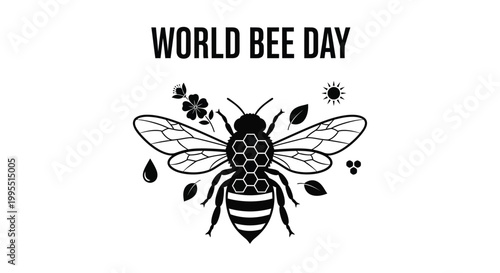 World Bee Day vector graphic illustration featuring a bee and flowers