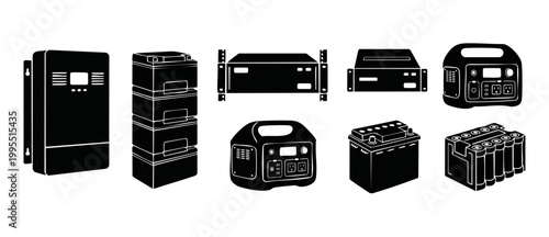 Solar Energy Storage Battery System Icon Set, Power Inverter and Portable Lithium Power Station Vector Illustration, Renewable Electrical Equipment Collection for Off-Grid Supply and Emergency Backup
