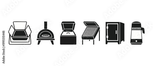 Kitchen Appliance Icon Set, Commercial Food Equipment Collection for Restaurant and Culinary Use, Flat Minimalist Vector Symbols Including Pizza Oven, Deep Fryer, Fridge, and Industrial Food Processor