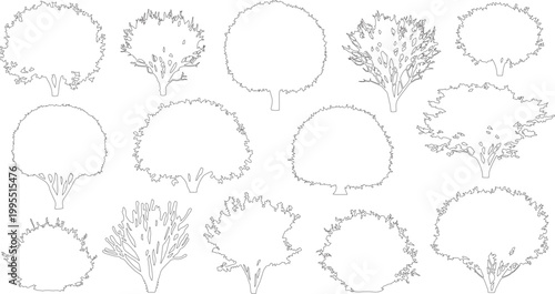 Minimalist tree outline icons set, architectural landscape plant symbols, 13 thin line vector tree silhouettes for site plans and diagrams