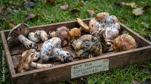 Fresh Wild Mushrooms in Wooden Crate.
