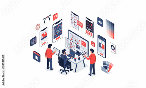 Isometric illustration of a team of developers working on mobile app development.