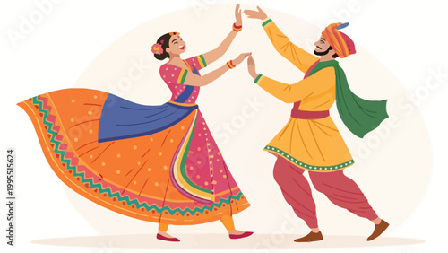 A colorful illustration of a man and woman dancing together in traditional Indian attire with vibrant clothing and joyful expressions.