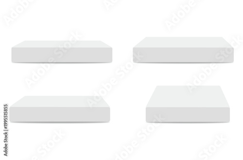 Empty white podium stage with rectangular platform, modern pedestal mockup on concrete floor, minimal 3D display stand for product presentation