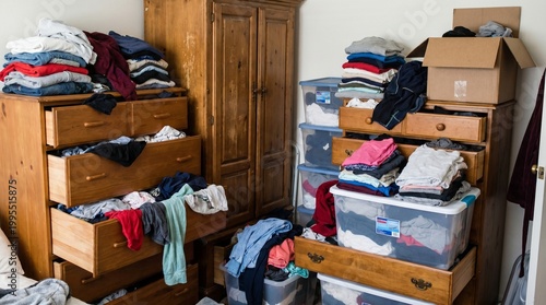 Messy bedroom with stacked dressers and scattered clothes.