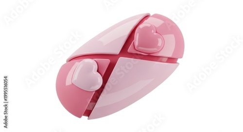 A pink computer mouse with heart designs on a white background