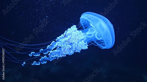Detailed view of a glowing blue jellyfish with long trailing tentacles and white spotted oral arms swimming horizontally through dark deep sea water in an aquarium setting.