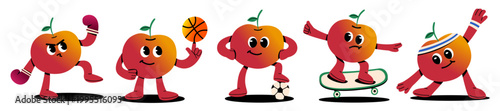 Cute cartoon apple character set doing sports activities including basketball, soccer, boxing, tennis, skateboarding, and weightlifting. Fun colorful mascot illustration representing healthy lifestyle