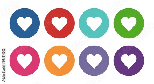 A colorful collection of heart icons in various vibrant colors and circles