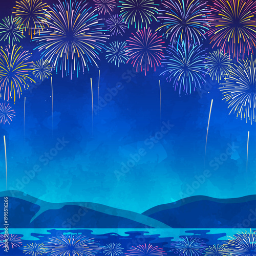 田舎に打ち上がるカラフルな花火の背景_正方形