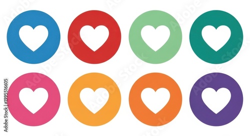 A colorful set of heart icons in various vibrant colors on a white background