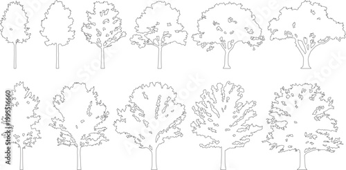 Minimalist tree line art collection, set of 11 deciduous tree outline vectors, architectural landscape silhouettes for site plans and diagrams