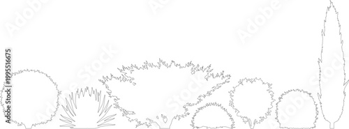 Minimalist tree line art vector, architectural landscape plant silhouettes, garden shrub and bush outlines for site plans and elevation drawings