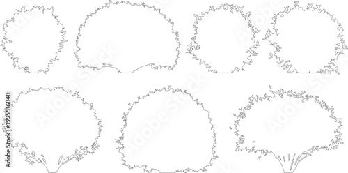 Minimalist tree crown outlines, set of 7 architectural landscape plant symbols, black and white line art vector icons for site plans and garden design