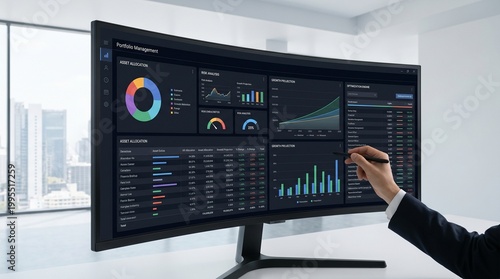Curved Monitor Business Analytics Dashboard in Office.