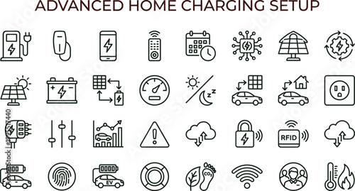 Advanced home charging setup outline icon set featuring electric vehicle smart energy monitoring infrastructure vector collection for dashboards interfaces presentations applications